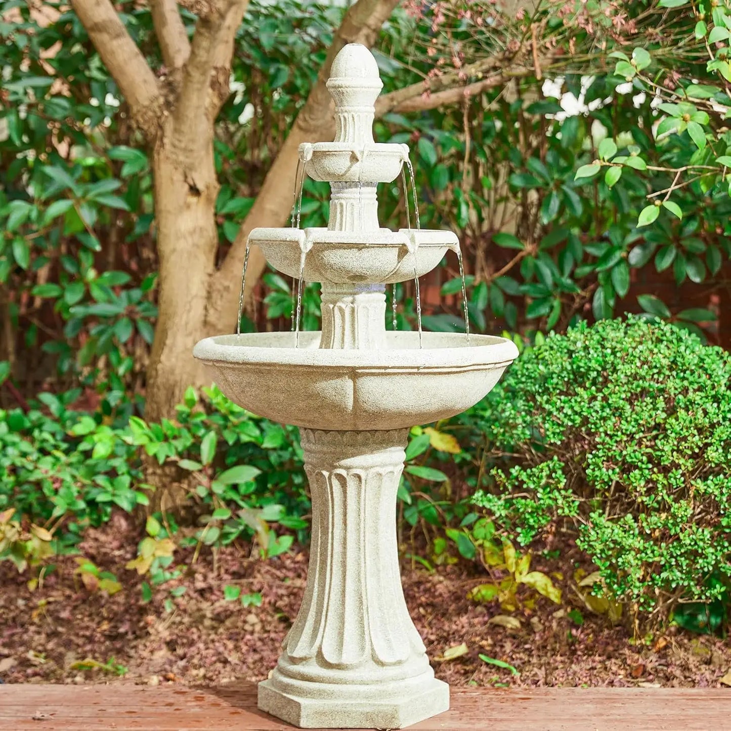 Outdoor standing fountain with LED lights, water pump