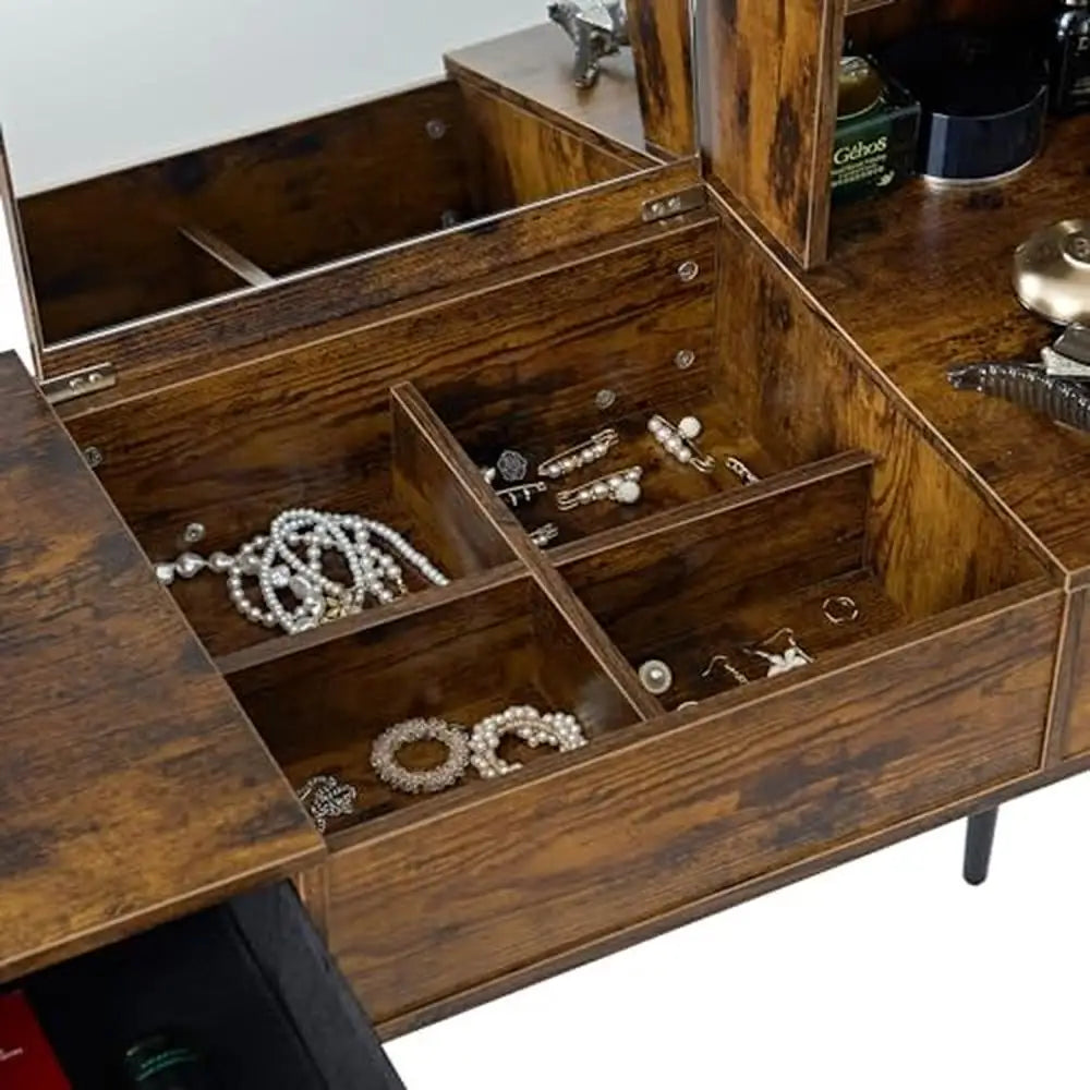 Wooden Vanity Flip Top Mirror, Upholstered Stool ,Drawers