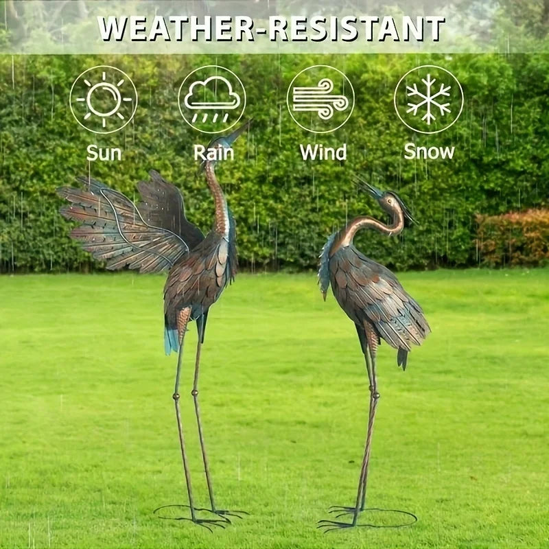 Rustic Metal Garden Crane Statues, Bird Sculpture