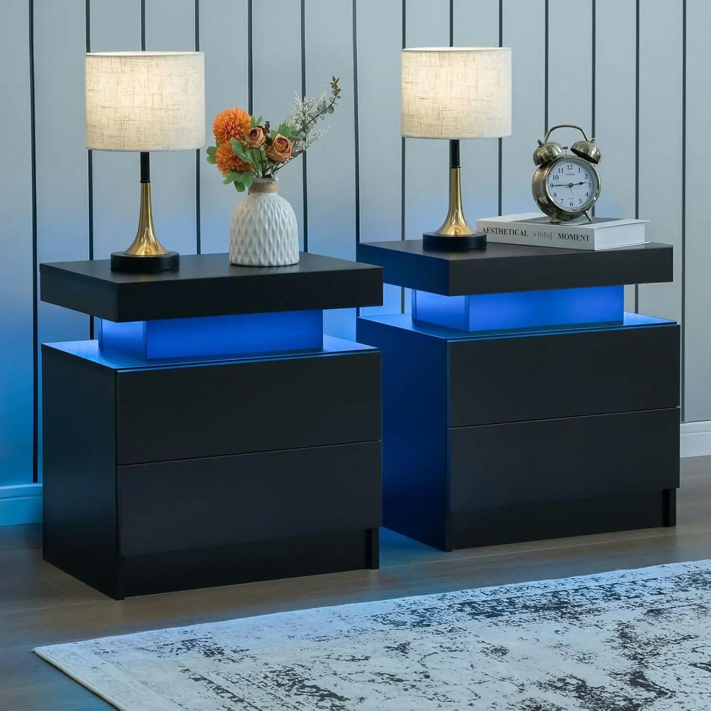 Nightstand Set of 2 LED Nightstand with 2 Drawers