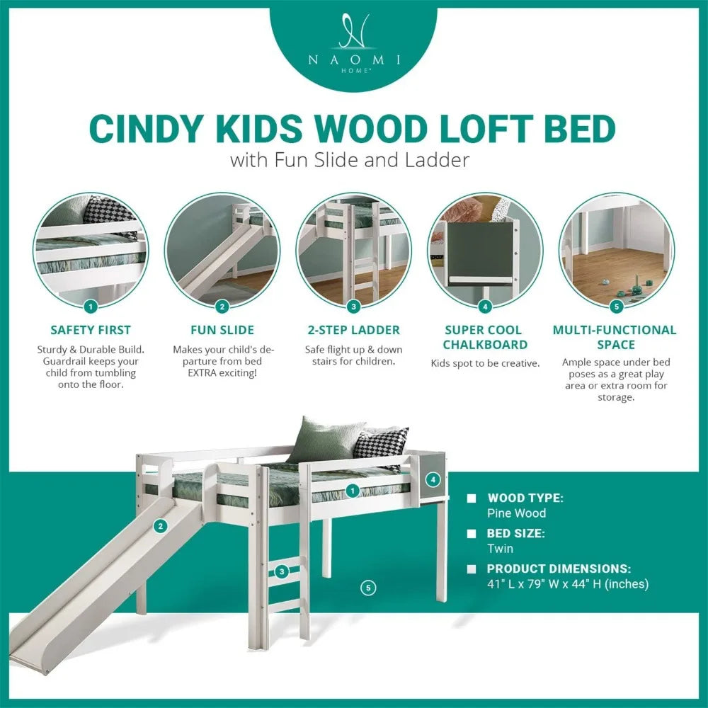 Kids Loft Bed with Slide, Ladder, Chalkboard, Pine