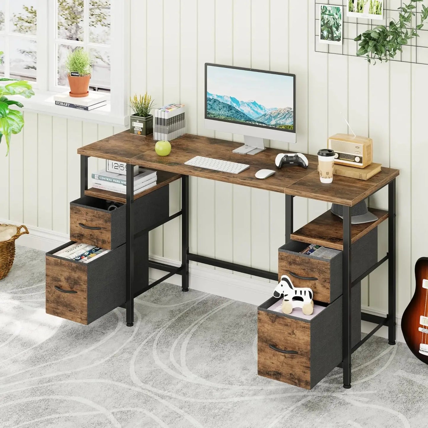 Office Desk with 4 Fabric File Drawers