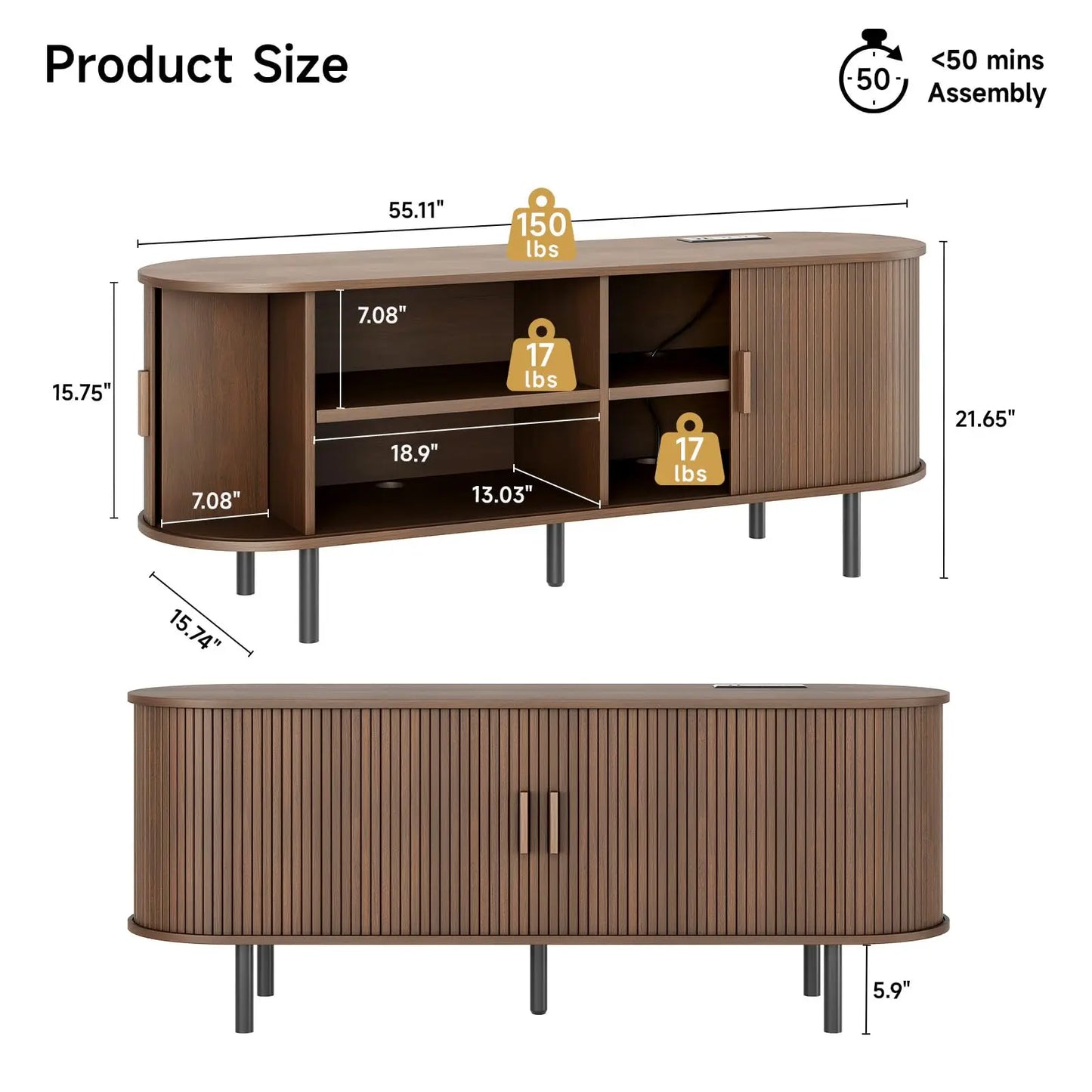 TV Stand with Power Outlet, Adjustable Shelves