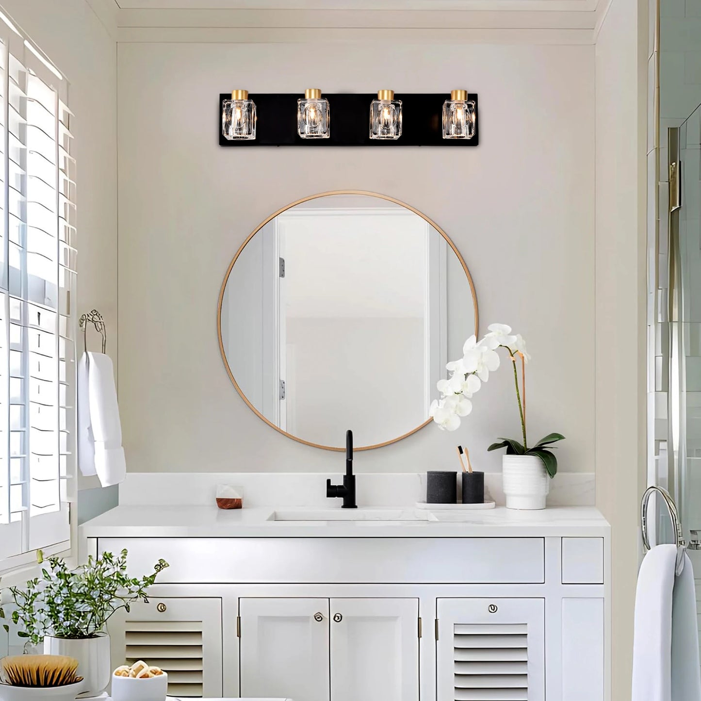 4-Light Matte Black + Gold Bathroom Light Fixtures