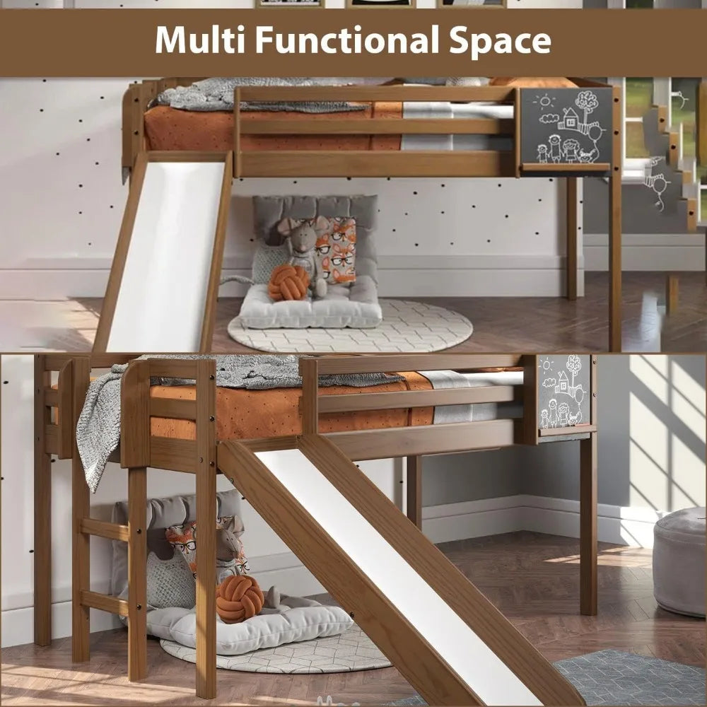Kids Loft Bed with Slide, Ladder, Chalkboard, Pine