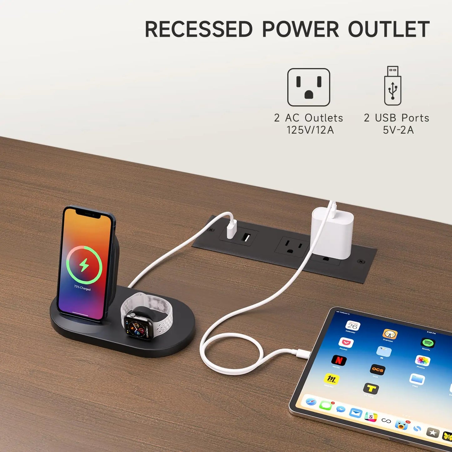 TV Stand with Power Outlet, Adjustable Shelves