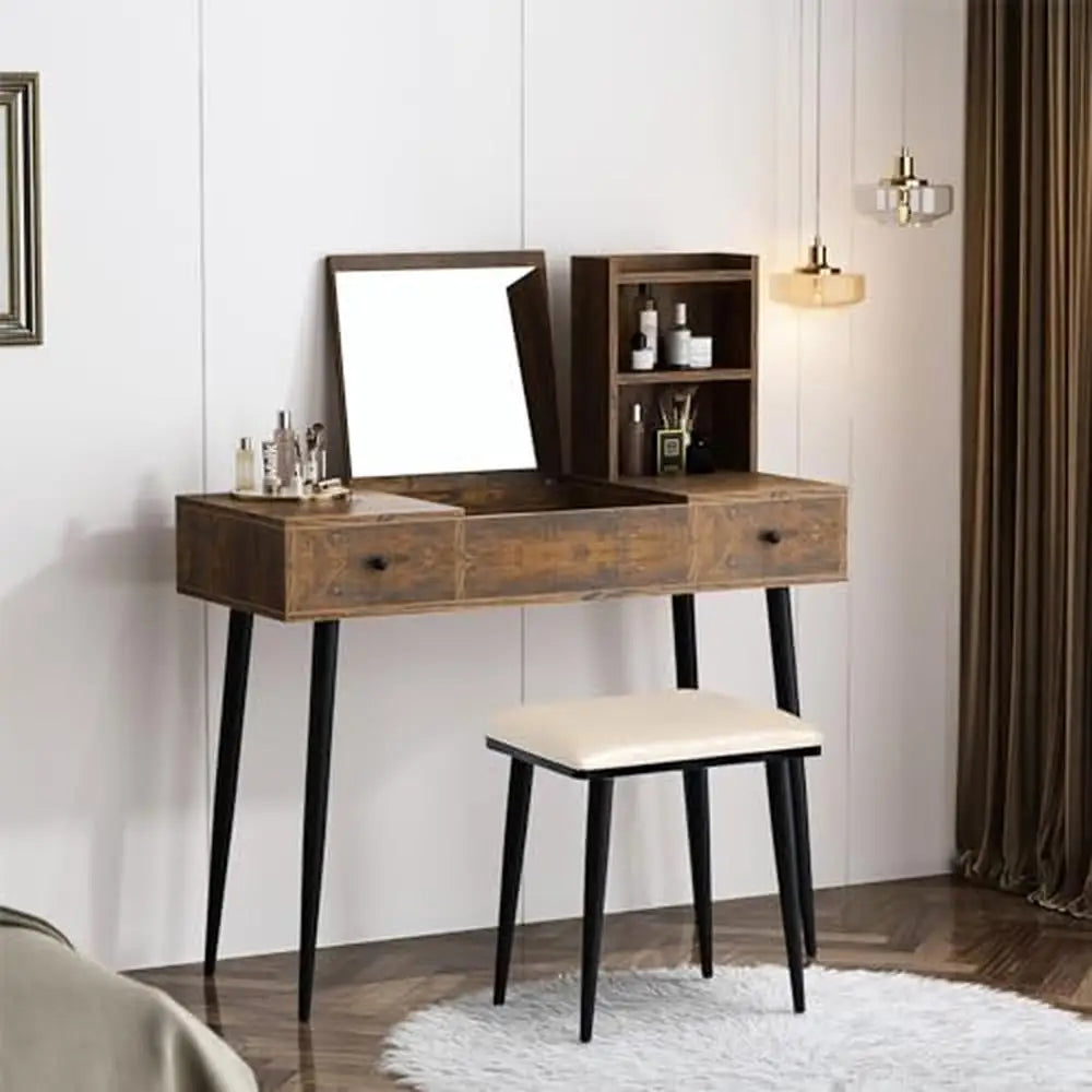 Wooden Vanity Flip Top Mirror, Upholstered Stool ,Drawers