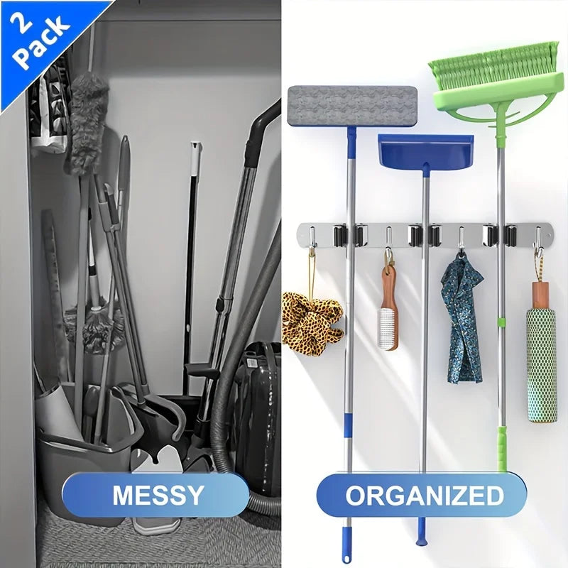 2pcs Wall Mounted Broom Rack With Hooks