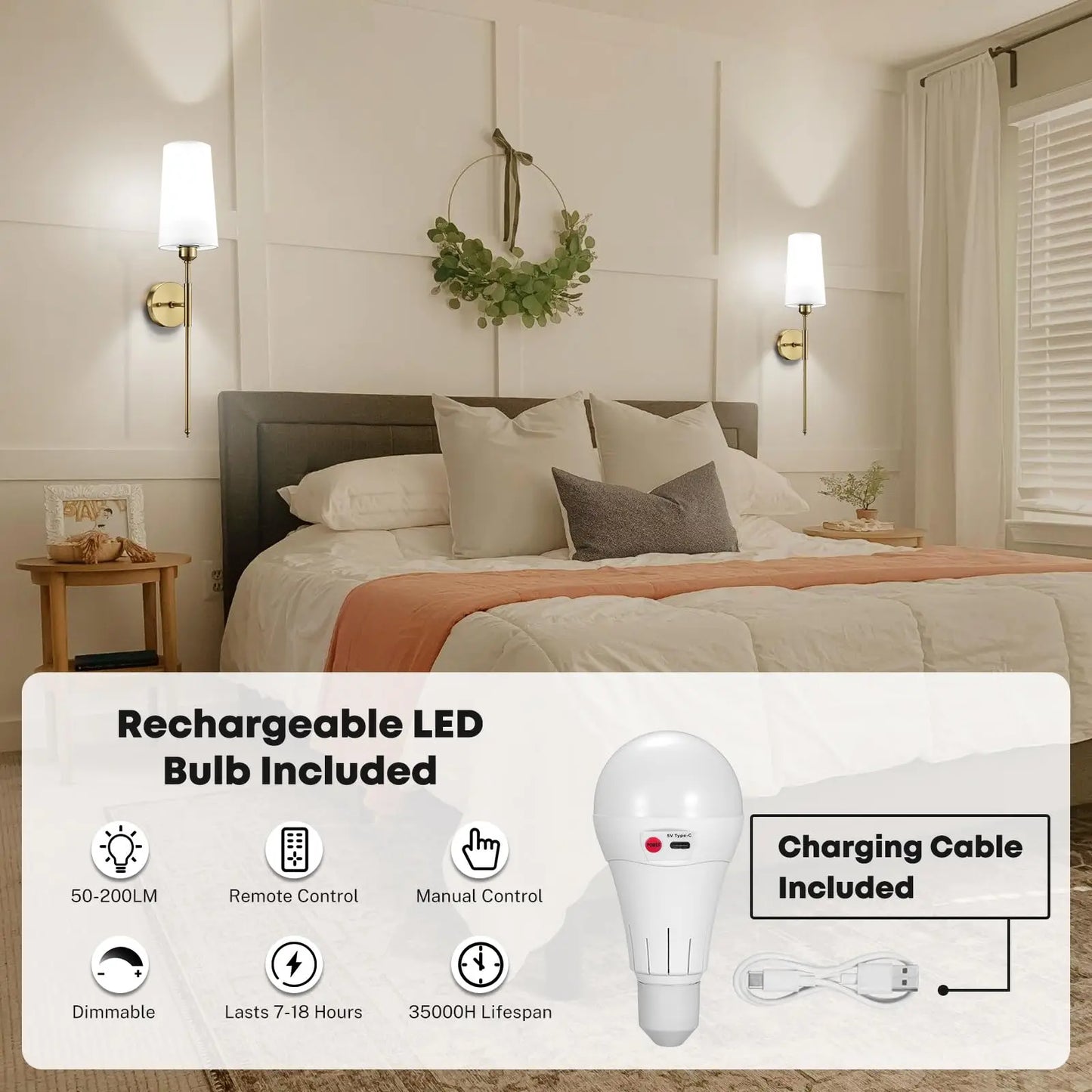 2Pack Gold Wireless Rechargeable Battery Operated Wall Sconces