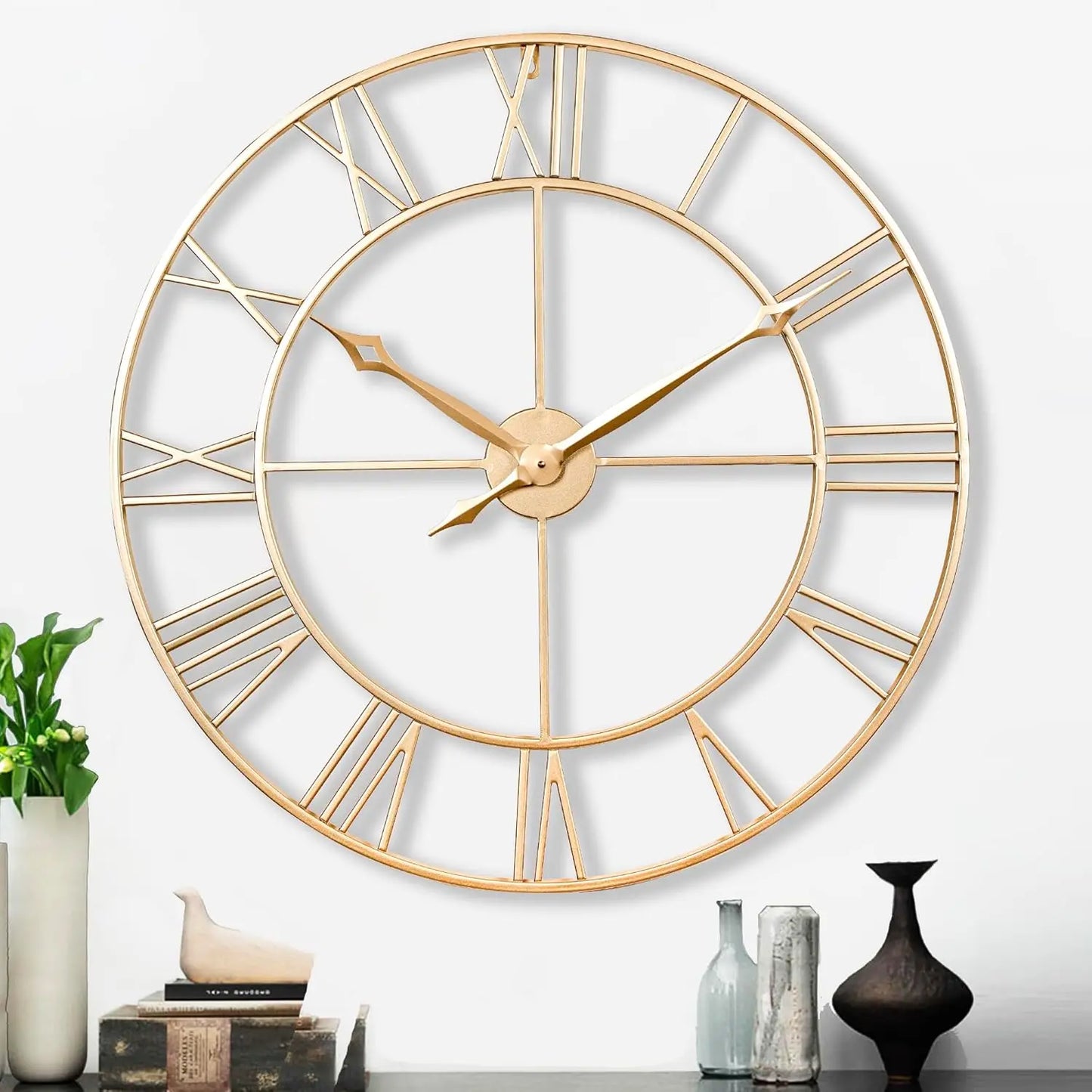 Large Champagne Gold Metal Roman Numeral Wall Clock