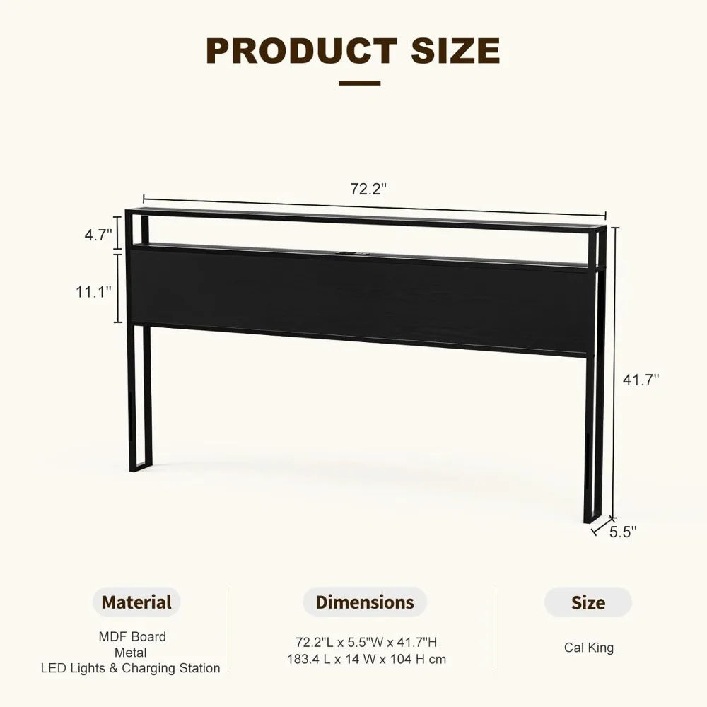 California King Size Storage Headboard with LED Lights