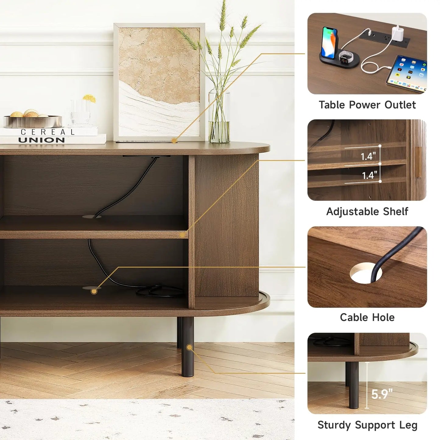 TV Stand with Power Outlet, Adjustable Shelves