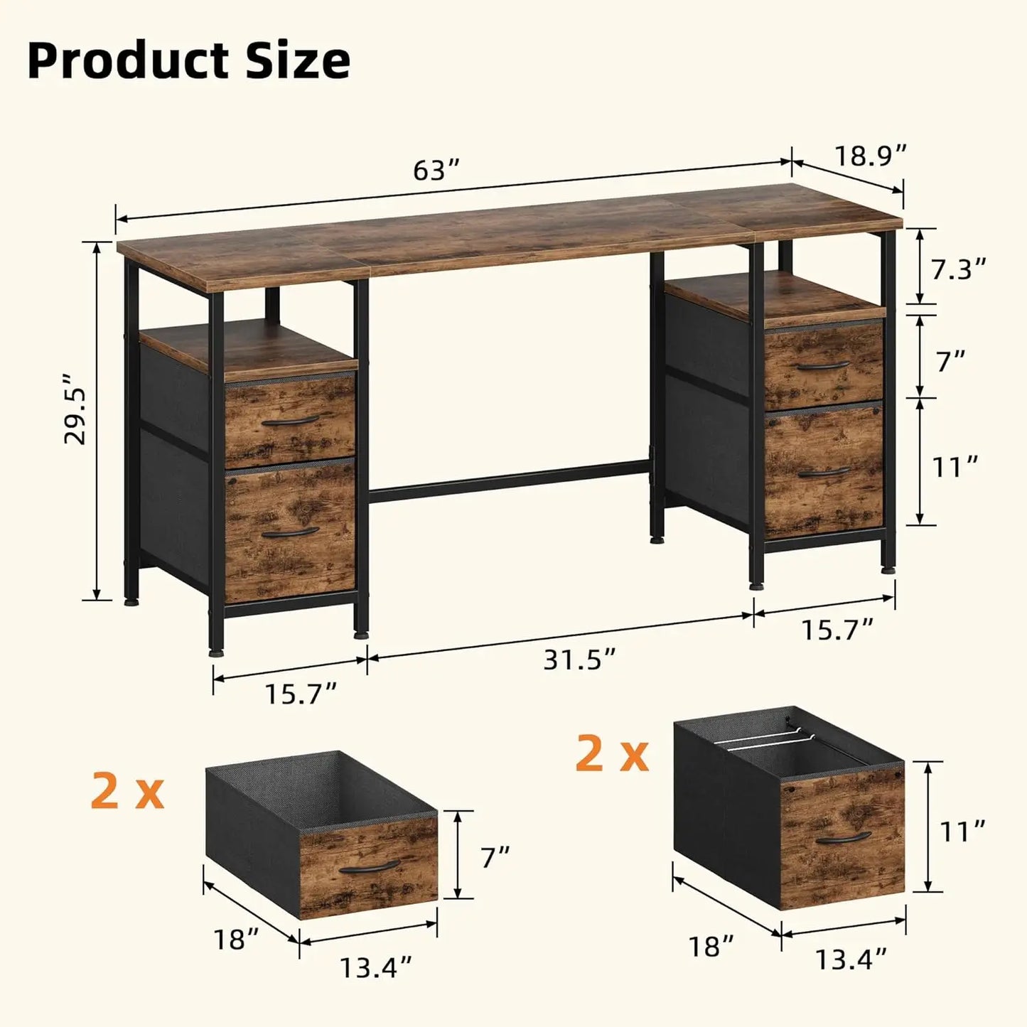 Office Desk with 4 Fabric File Drawers