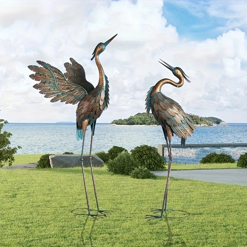 Rustic Metal Garden Crane Statues, Bird Sculpture