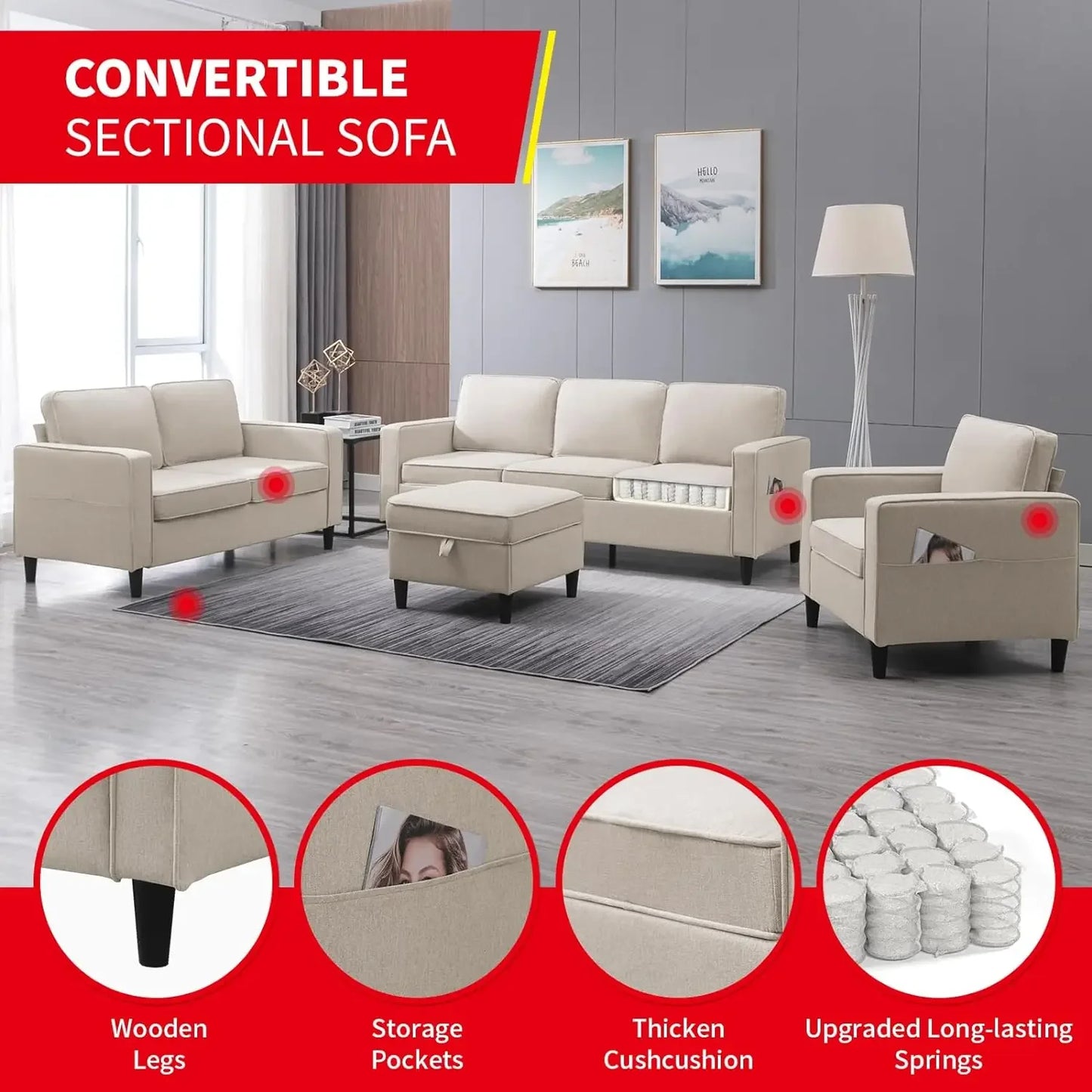 Convertible Sectional Sofa Couch with Storage Ottoman