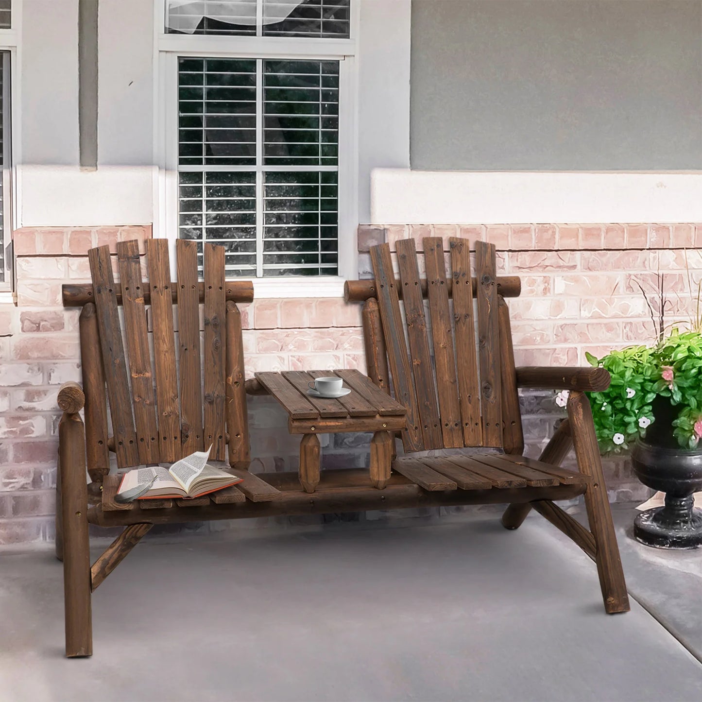 Outdoor Patio Adirondack Double Bench with Center Table