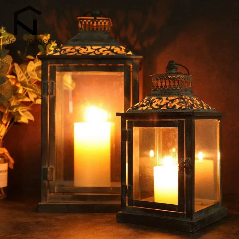 2Pcs Vintage Candle Holder Lanterns Metal, Indoor - Outdoor