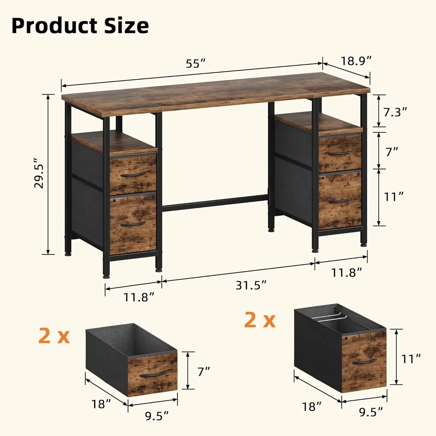 Office Desk with 4 Fabric File Drawers