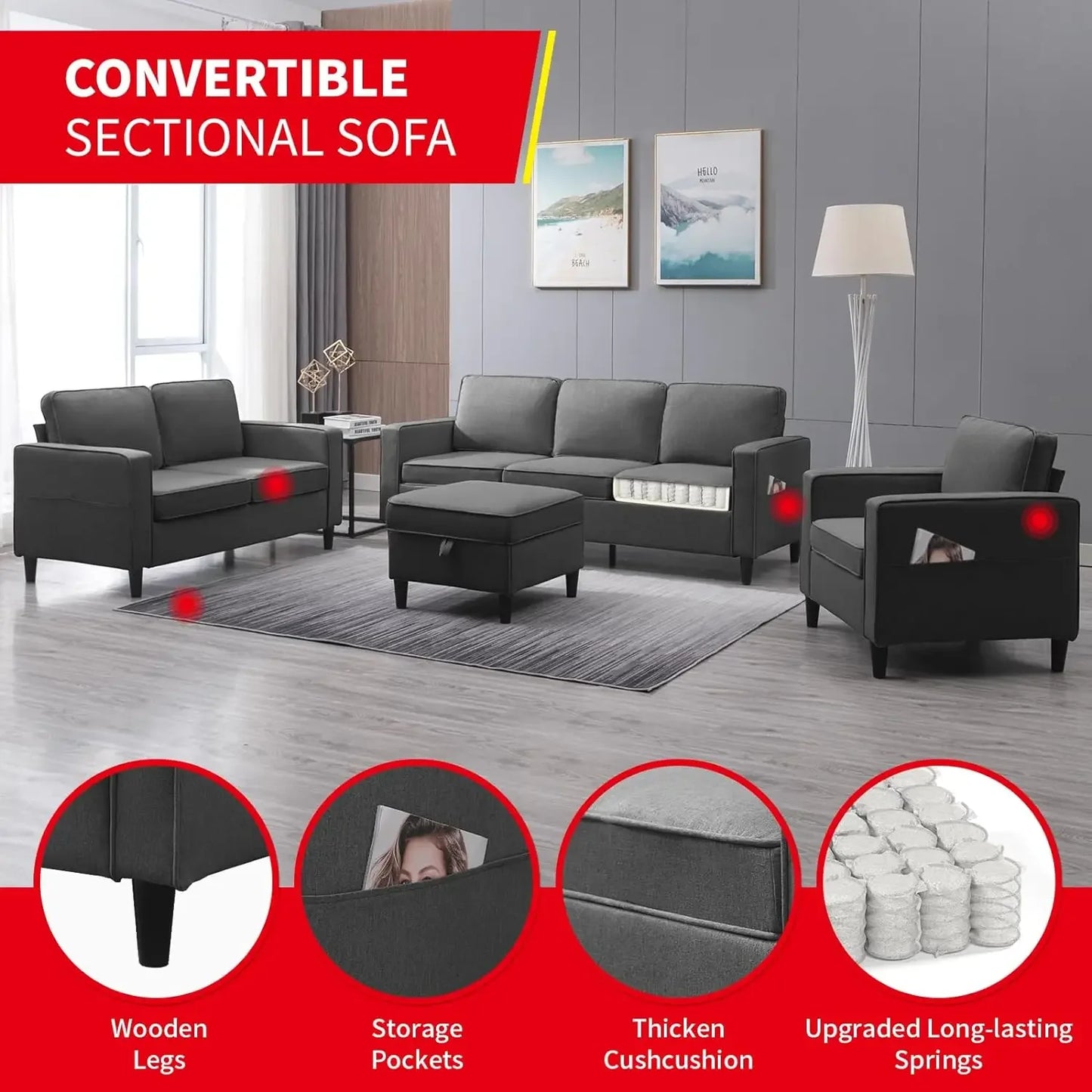 Convertible Sectional Sofa Couch with Storage Ottoman