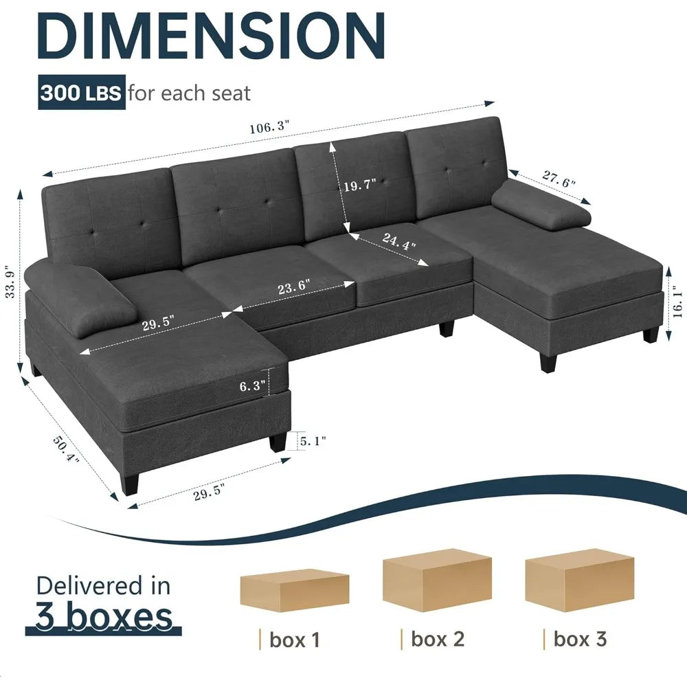 Sectional U Shaped Couch with Double Chaises