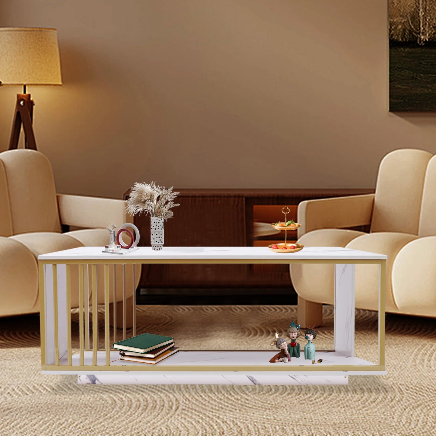 Modern 2-Tier White+Gold Coffee Table