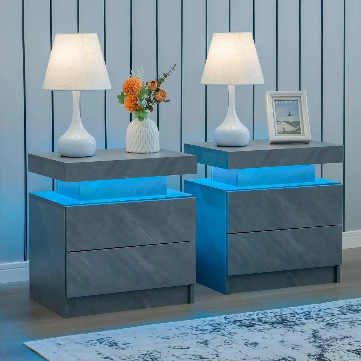 Nightstand Set of 2 LED Nightstand with 2 Drawers