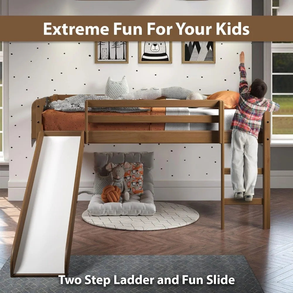 Kids Loft Bed with Slide, Ladder, Chalkboard, Pine
