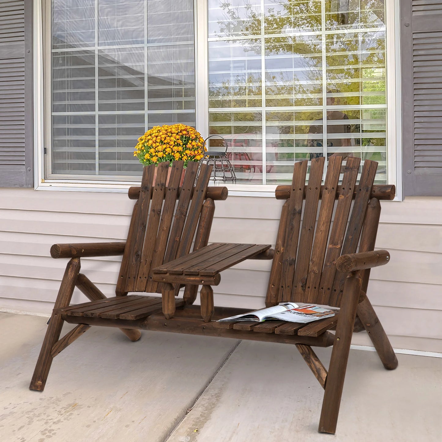 Outdoor Patio Adirondack Double Bench with Center Table