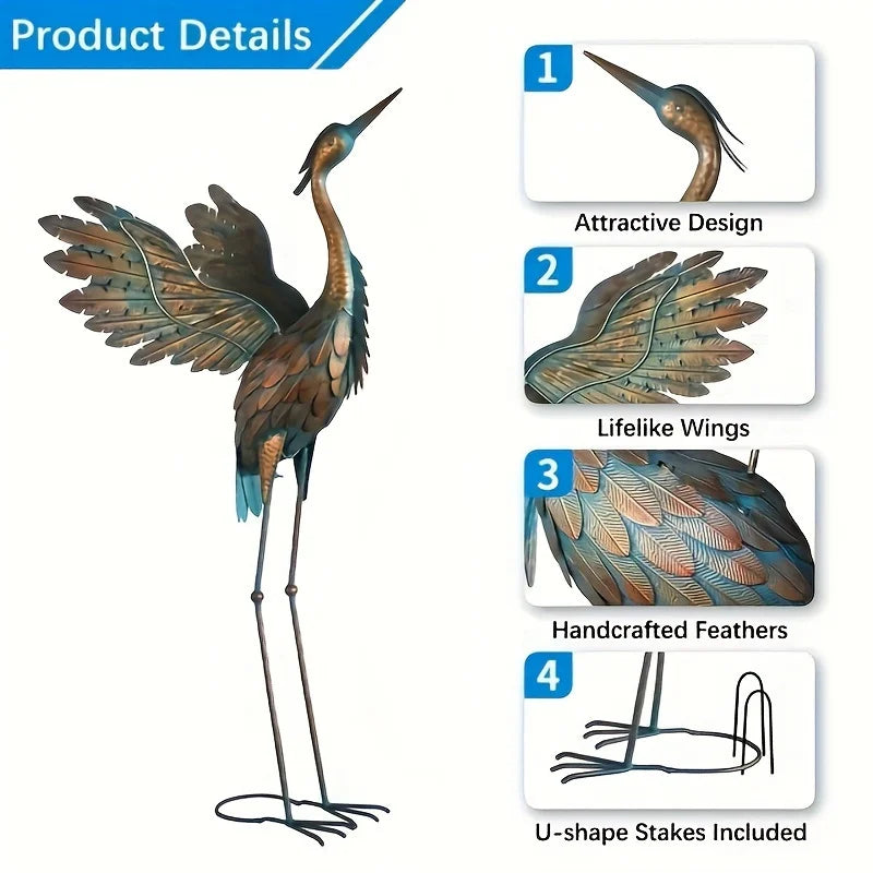 Rustic Metal Garden Crane Statues, Bird Sculpture