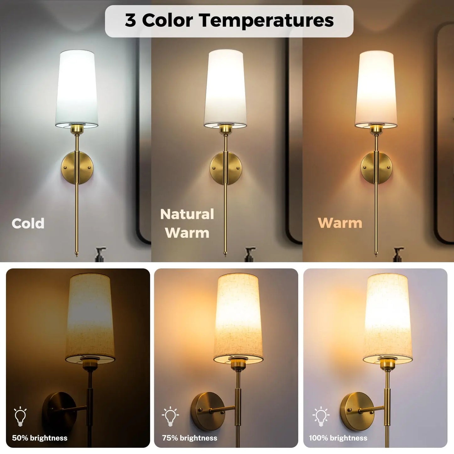 2Pack Gold Wireless Rechargeable Battery Operated Wall Sconces