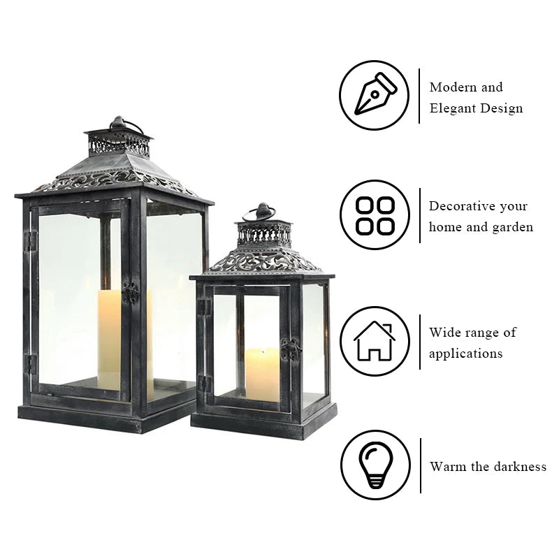 2Pcs Vintage Candle Holder Lanterns Metal, Indoor - Outdoor