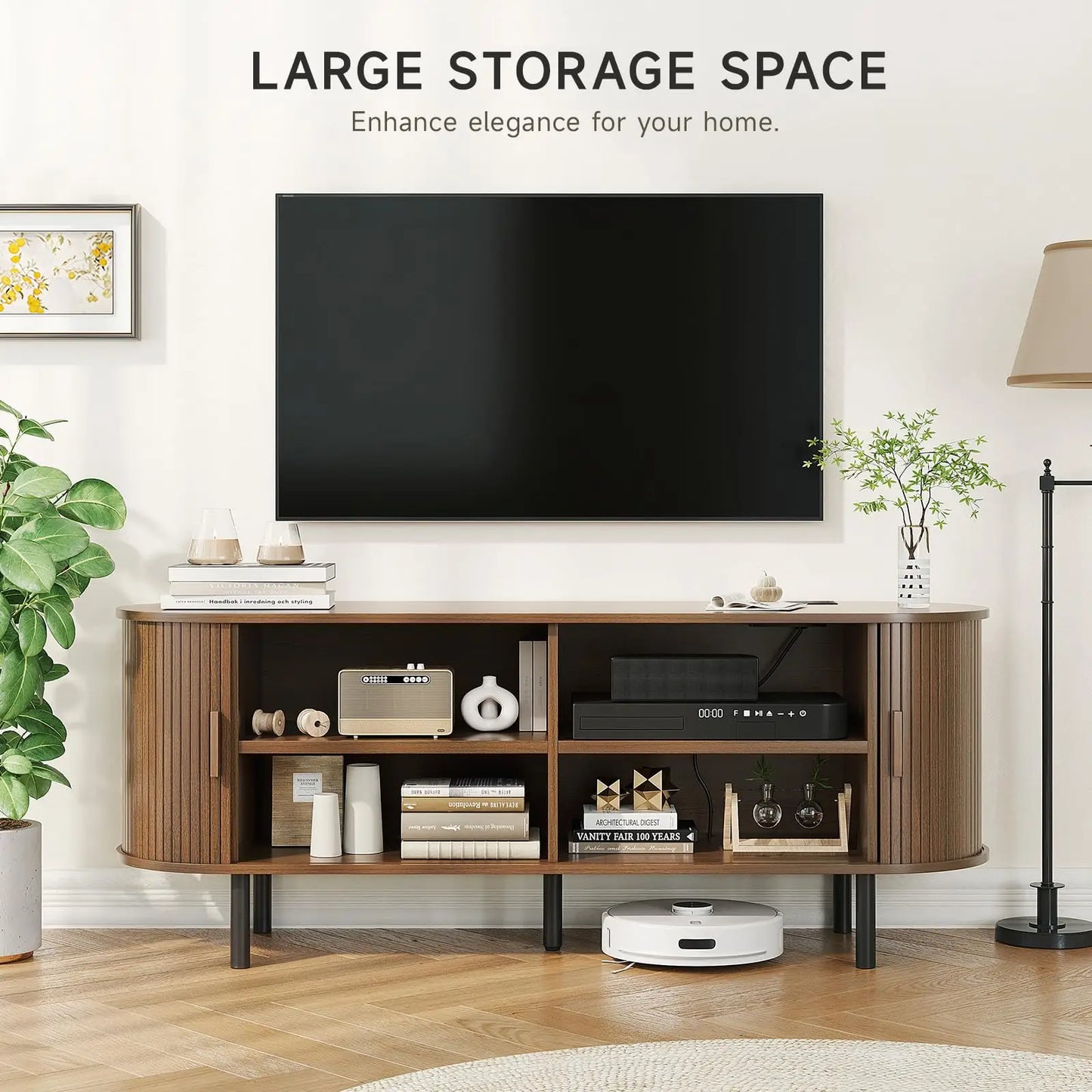 TV Stand with Power Outlet, Adjustable Shelves