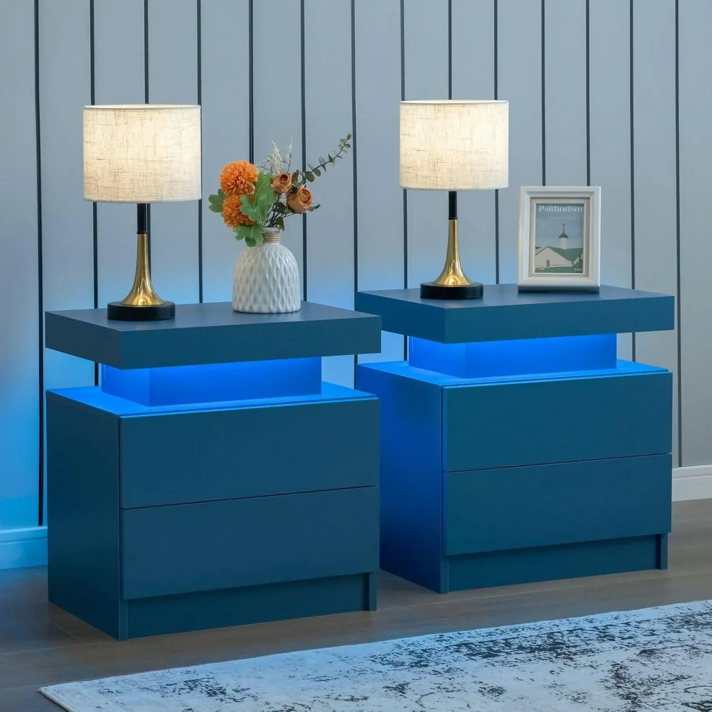 Nightstand Set of 2 LED Nightstand with 2 Drawers