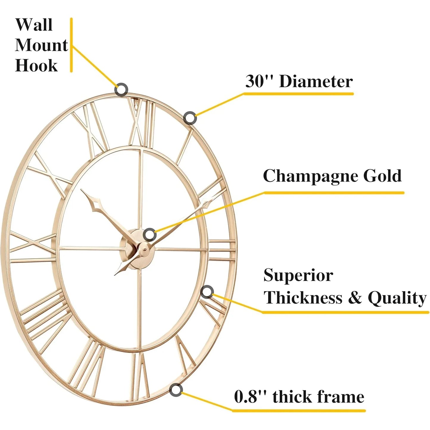 Large Champagne Gold Metal Roman Numeral Wall Clock