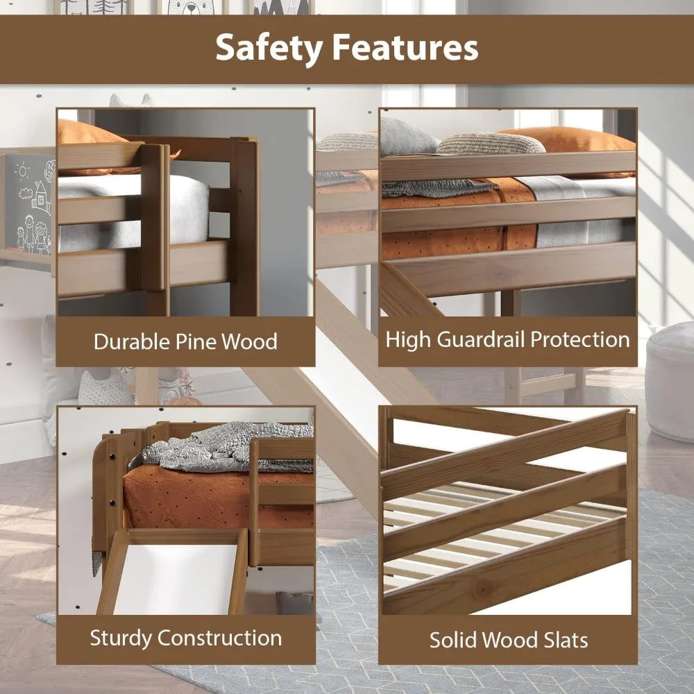 Kids Loft Bed with Slide, Ladder, Chalkboard, Pine